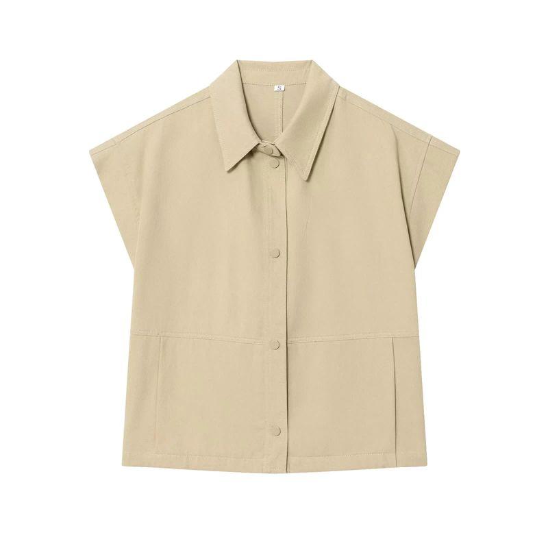 Cotton Blend Lapel Sleeveless Drop Shoulder Design Loose Vest 5216065 Mid Waist Wide Leg Trousers 5216064