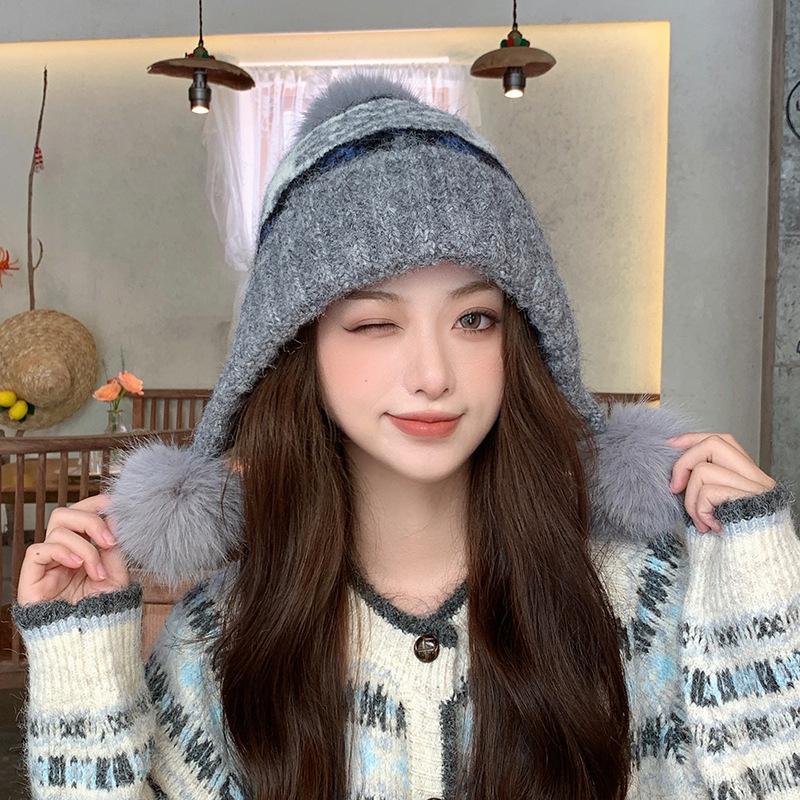 

Вязаная шерстяная шапка в стиле Fair Isle для женщин, осенне-зимняя, теплая, с защитой ушей, шерстяная шапка с помпоном, уличная, ветрозащитная, шапка-пуловер в стиле Лей Фэн 56-60CM