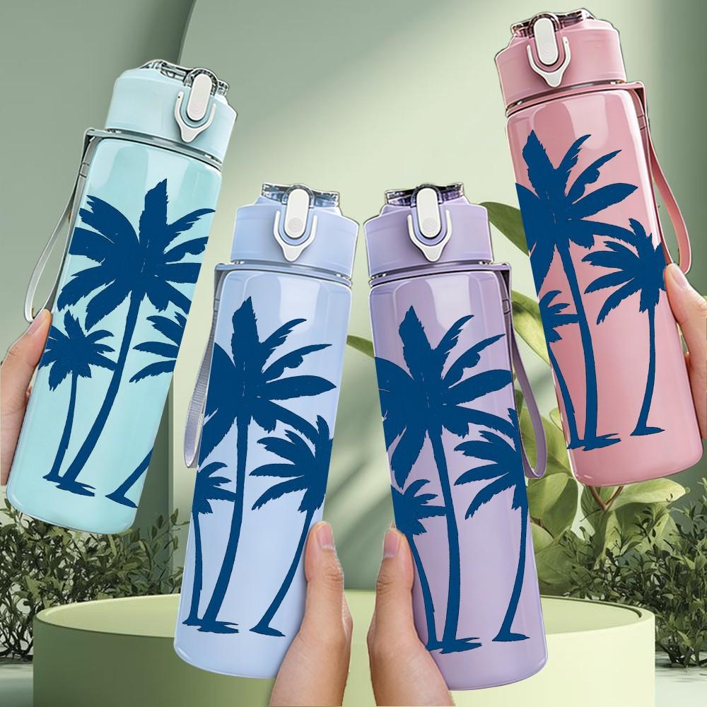 1PC Twin Palm Tree Minimal Line Art 750ml Color Plastic Sports Water Bottle Leakproof Flip Straw Lid Suitable for Sports Office Home Use