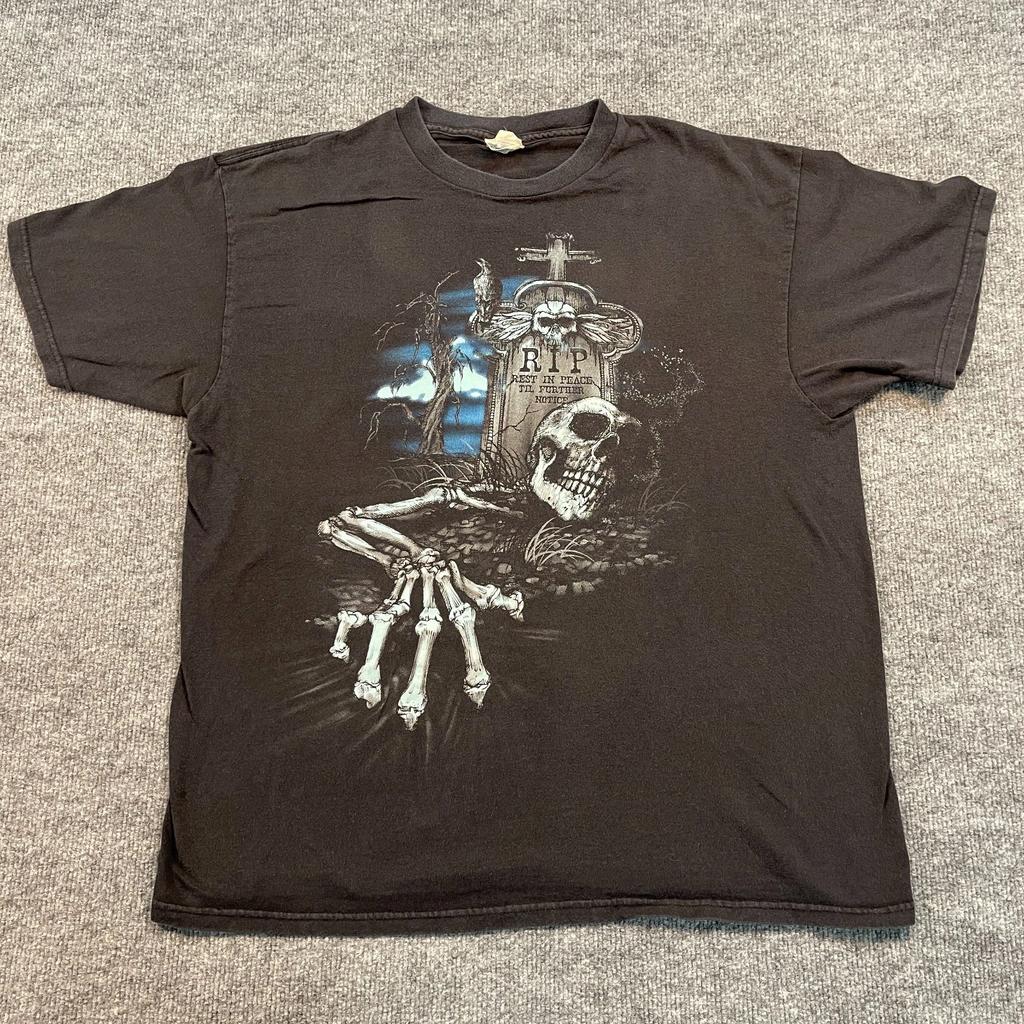 Vintage Y2K Skeleton Skull RIP Til-Further-Notice Grave Shirt XL 23x28 Black