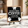 Desktop Ornaments for Home Halloween Coffee Bar Wooden Sign with Iron Display Stand Corner Small Plaques Counter Tabletop Decor, Rustic Wood
