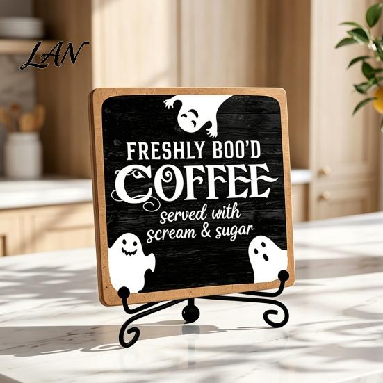 Desktop Ornaments for Home Halloween Coffee Bar Wooden Sign with Iron Display Stand Corner Small Plaques Counter Tabletop Decor, Rustic Wood