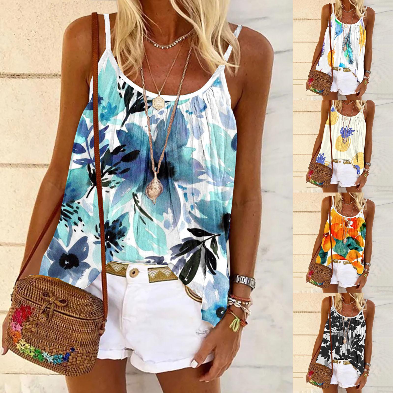 

Модная Женская Летняя Круглая Шея Безрукавка Принт Повседневная КамисТоп Блузка