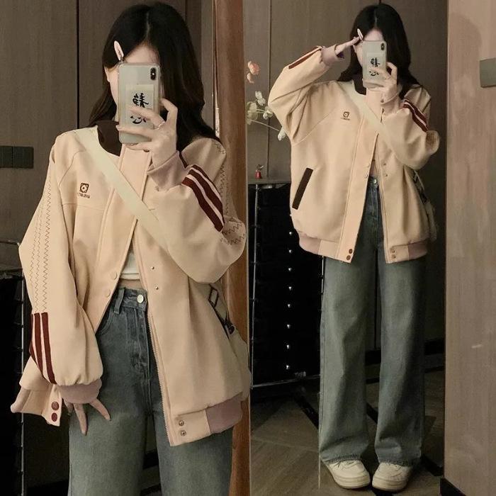 Women s Retro Embroidered Stand-Up Collar Jacket - Spring Sporty Casual Patchwork, Single-Breasted Trendy Design L розовый