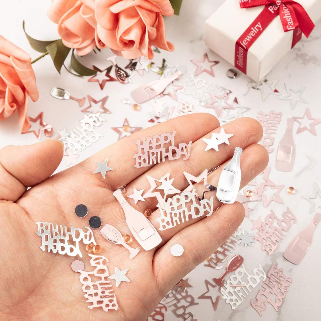 WILLBOND 3000 Pcs Rose Gold Happy Birthday Confetti for Table Silver Pink Stars Sequ Confetti Metallic Foil Table Scatter Decorations for Girls