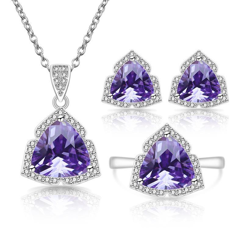 Fashion Temperament Imitation Natural Colored Treasure Zircon Set Ring Necklace Stud Earrings Women's Jewelry