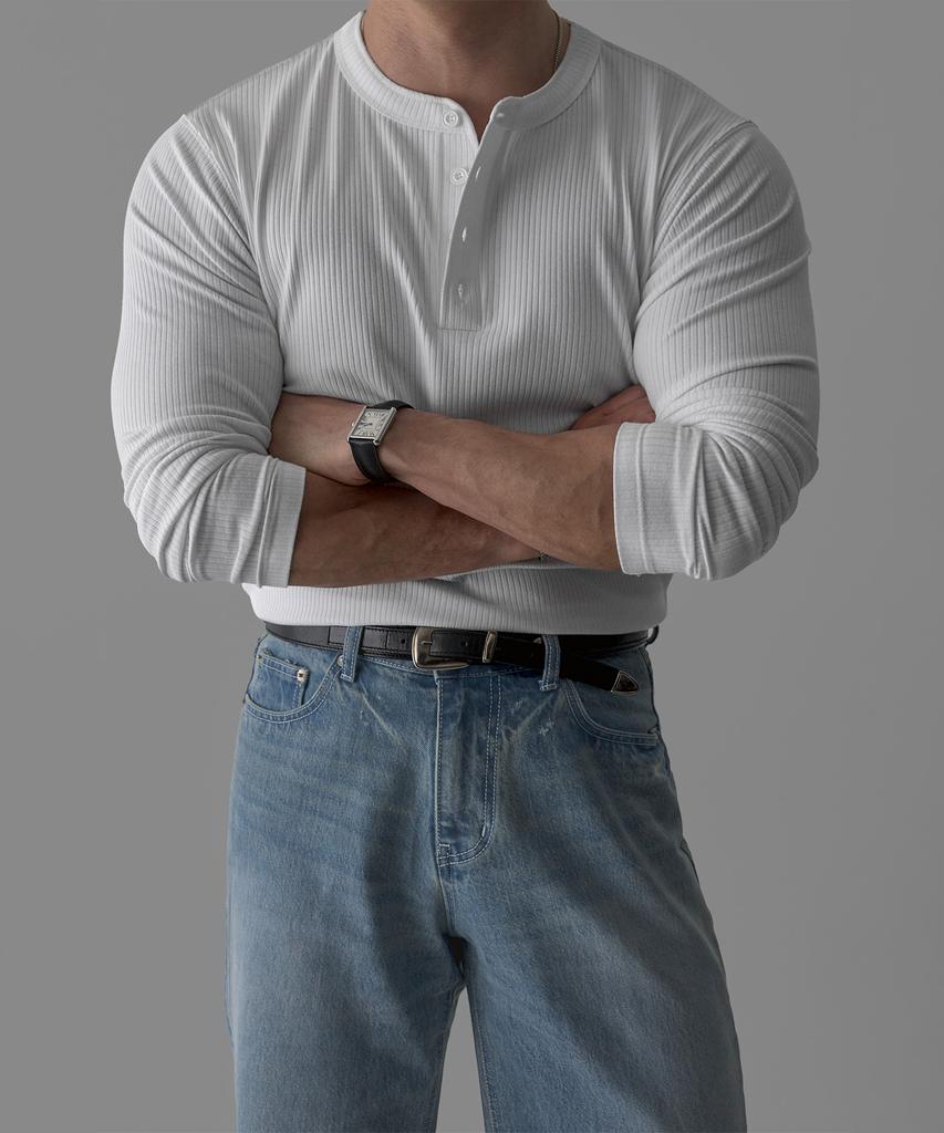 Baulopeulodeogteu Soft Ribbed Muscle Henley Neck Knit Tee [White]