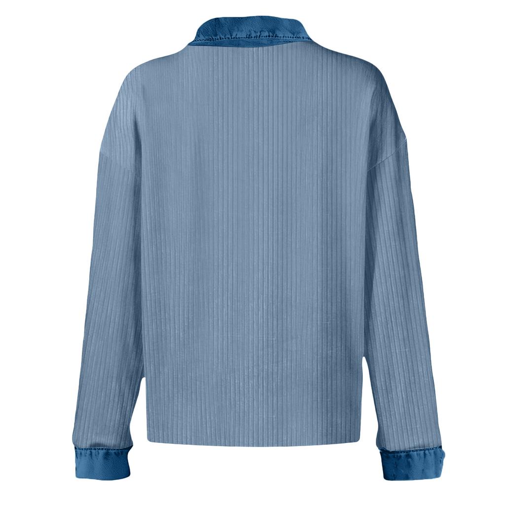 Women's Retro Denim Collar Long Sleeve Pullover Knit Top Lightweight Patchwork Casual Sweater