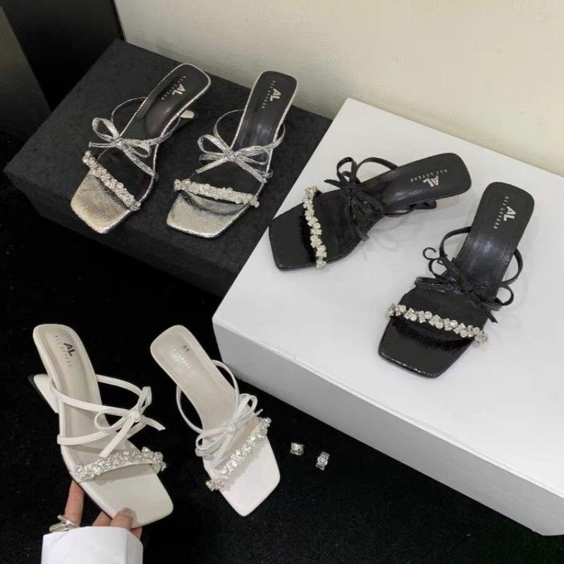 Fashion Crystal Bow Women Slippers Shoes Sandals Summer Mid Heels Designer Outdoor Flip Flops 2024 Slingback Zapatos Mujer Slides Pumps