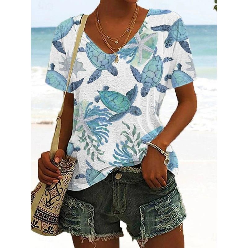 Women's T-Shirt Coconut Tree Pattern 3d Printing Fashion Casual V-Neck Short-Sleeved Beach Style Outdoor Women's Clothing