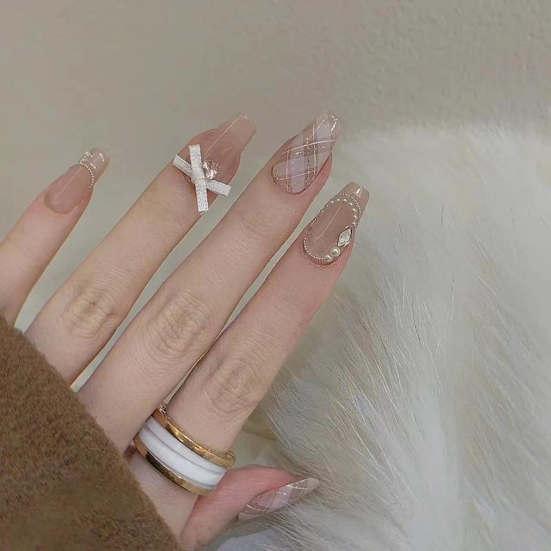 10Pcs Shiny Handmade Press On Nails Full Cover Bowknot  Design Elegant Coffin Fake Nails  Artificial Manicure Wearable Nail Tips