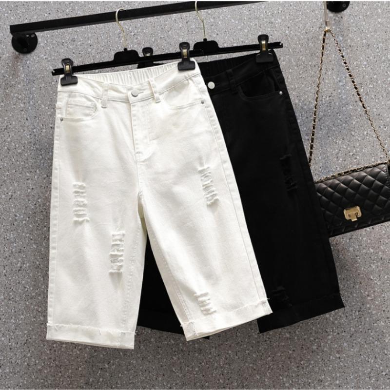 Plus Size Summer Jeans Pants Women Elastic Shorts Loose Casual Ripped Basic Trousers Denim