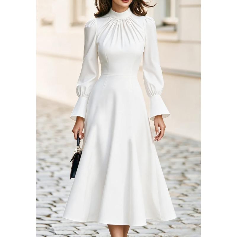 DICIFY Women's Fashion Autumn Winter Stand-up Collar Long Sleeve Solid Color Print Casual Dresses