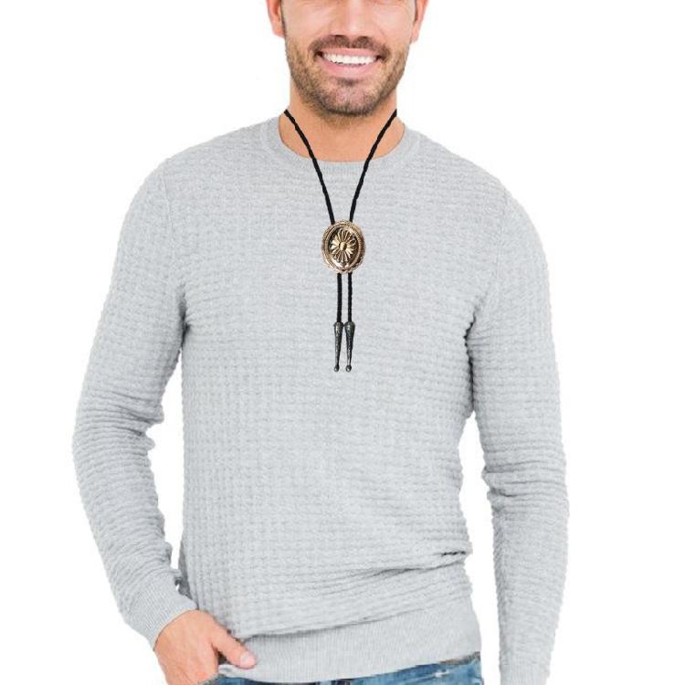 Western Cowboy Vintage Metal Flower Bolo Tie Adjustable Braided Rope Necktie Feathered Pendant Charm Jewelry Necklace