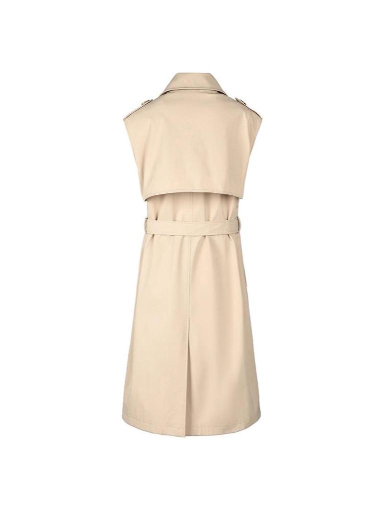 Women's Sleeveless Double-Breasted Trench Coat - Lapel, Belted, Polyester Outerwear, Casual Style