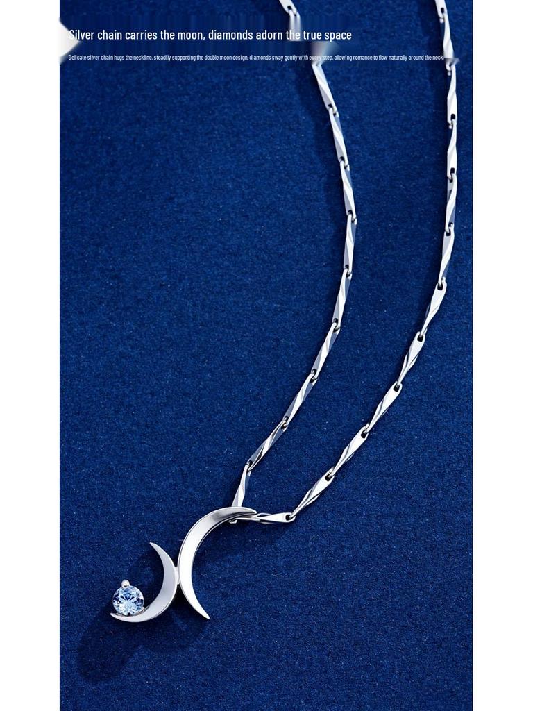 Double Moon S925 Sterling Silver Minimalist Clavicle Necklace - Korean High-End Light Luxury Design
