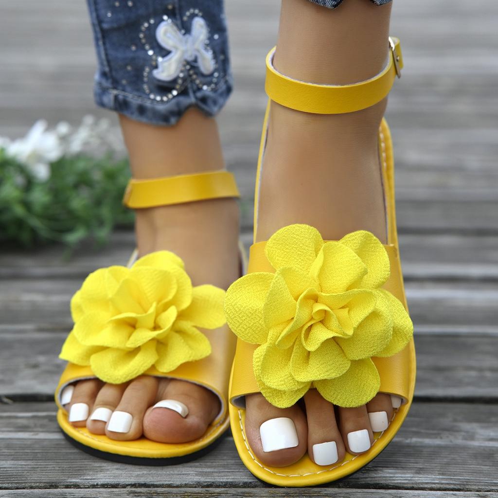 Women's Casual Flat Shoes,Flower Decoration Buckle Strap,Bow Ankle,One Strap,Fashion Sandals,Suitable for Summer Outdoor