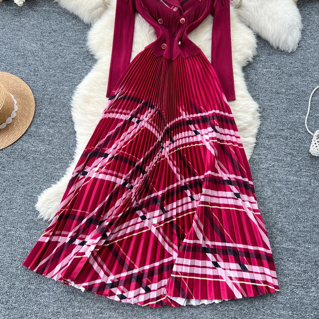 Frühling Herbst Damen Elegant Blazerkragen Zweireihig Druck Büro Party Lang Maxi Plissee Kleider