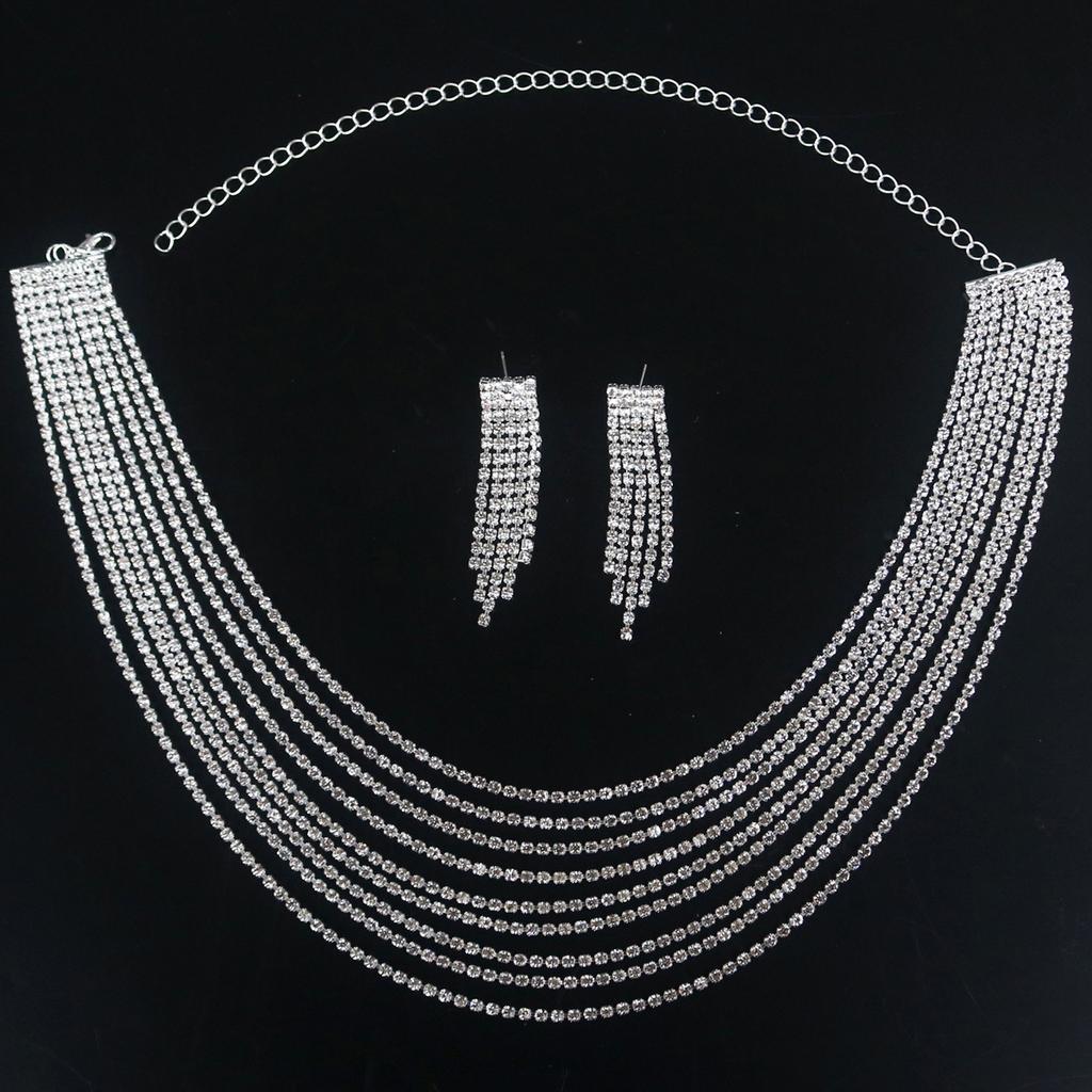 European And American Exaggerated Multi-Layer Fringed Rhinestone Necklace Jewelry Set, Bridal Women'S Dress Full Of Diamond Accessories