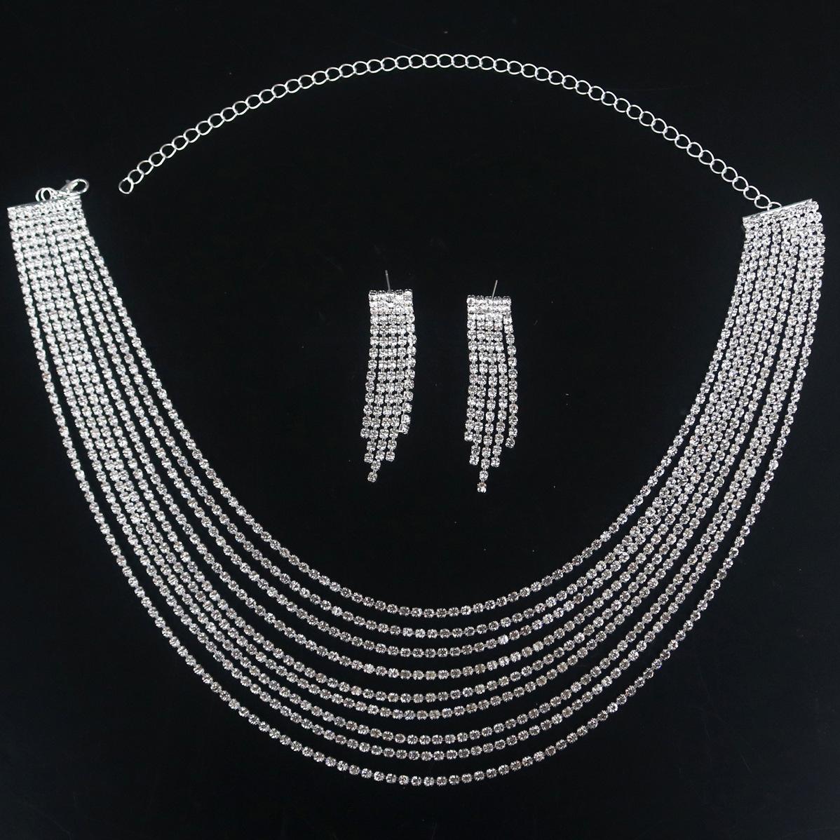 European And American Exaggerated Multi-Layer Fringed Rhinestone Necklace Jewelry Set, Bridal Women S Dress Full Of Diamond Accessories серебряный