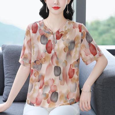2025 Summer Chiffon Printed Pullover: Casual Loose Short Sleeve Top for Middle-Aged and Elderly Women