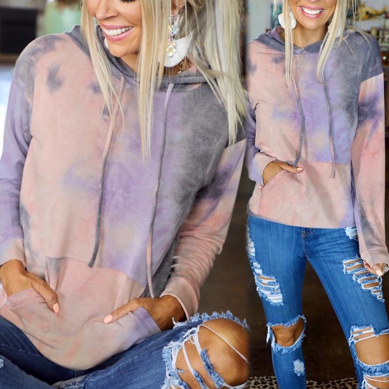 European Autumn Women's Tie-Dye Hooded Sweatshirt - Loose Fit, Long Sleeve, Casual Wear.