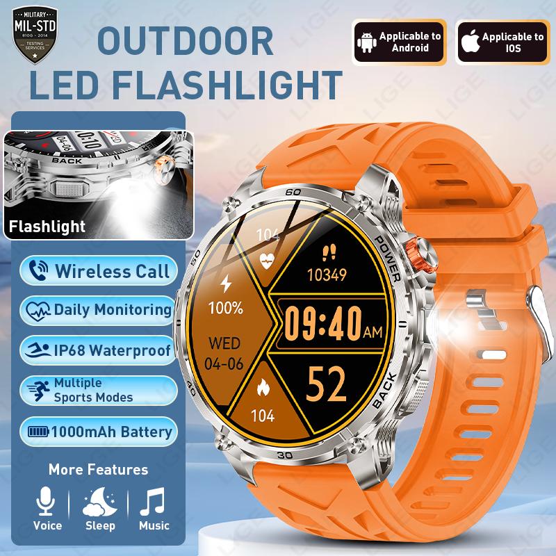 New Men Military Outdoor 1000mAh Battery Smart Watch Flashlight IP68 Waterproof 1.7-Inch HD Bluetooth Call Smartwatch