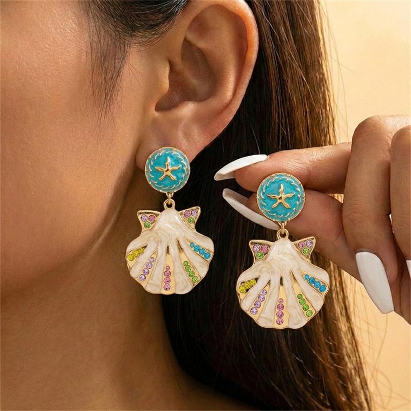 Pendiente Largo Colgante Estrella de Mar Coral Estilo Boho para Mujer Perla de Imitación Circonita de Colores Borla Larga Pendiente de Gota Joyería de Verano Playa Océano