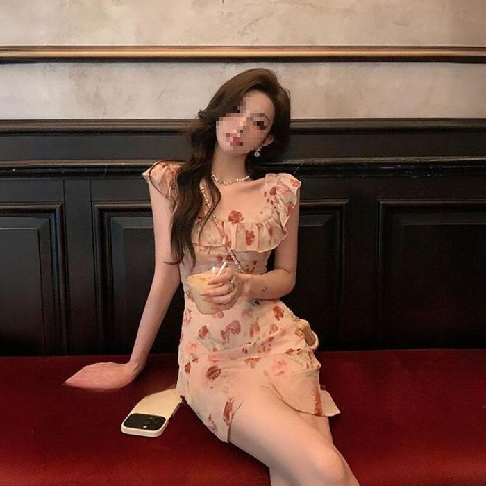 Holiday style summer new French sweet sleeveless floral temperament waist and thin print dress S