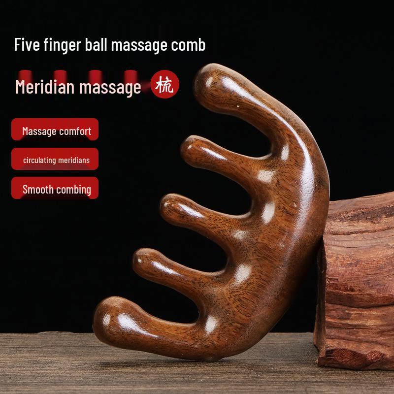 

Деревянный массажный гребень из золотого сандала с пятью зубьями и шариками на концах