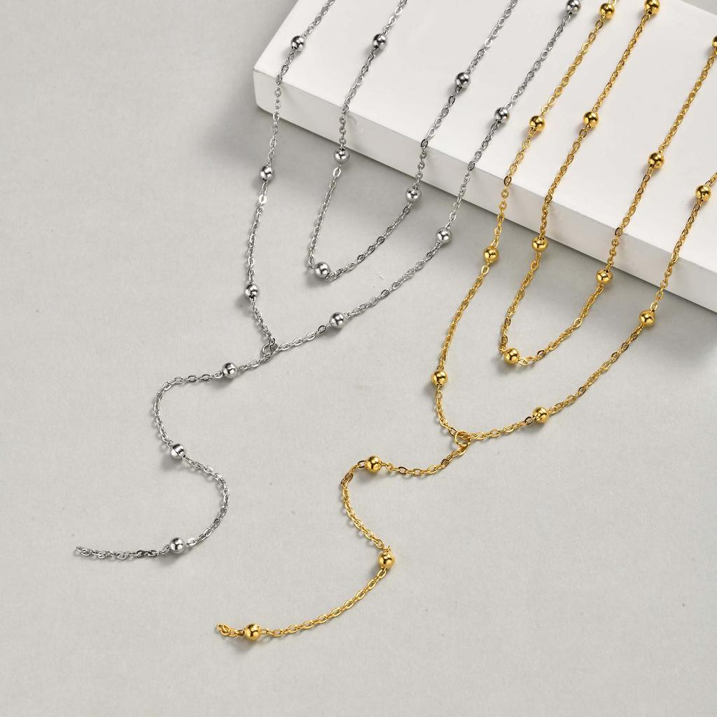 Double Layer Y-shaped Long Chain Drop Pendant Necklace, Gold Plated Stainless Steel Beaded Chain Choker Fashion Jewelry Gifts