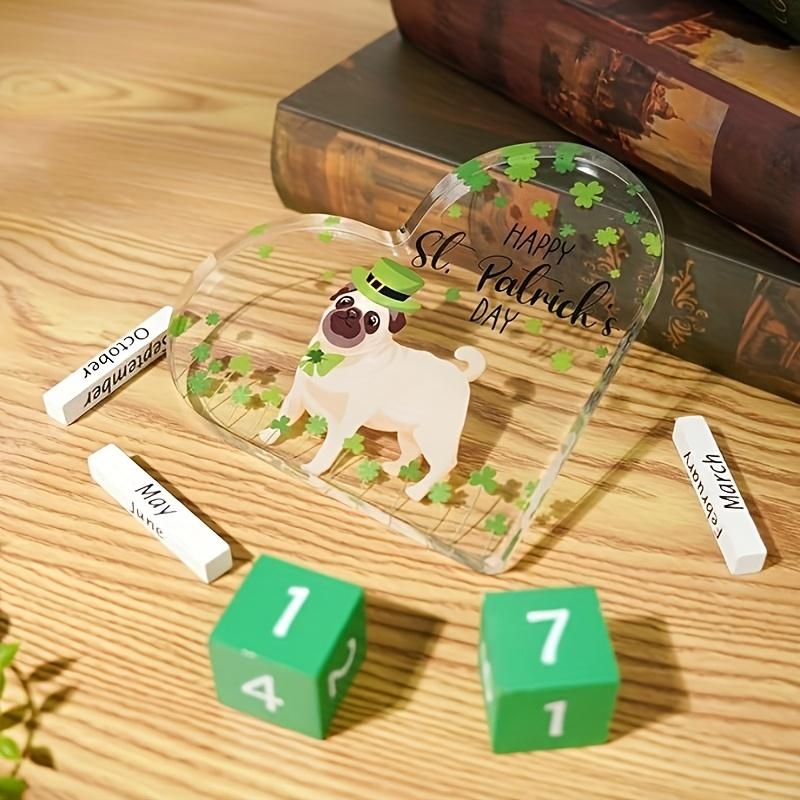 Happy St. Patrick'S Day Acrylic Heart Plaque with Leprechaun Dog & Clover Design - Perfect for Home, Office, or Desk Decor | Ideal Gift for Dog Lovers