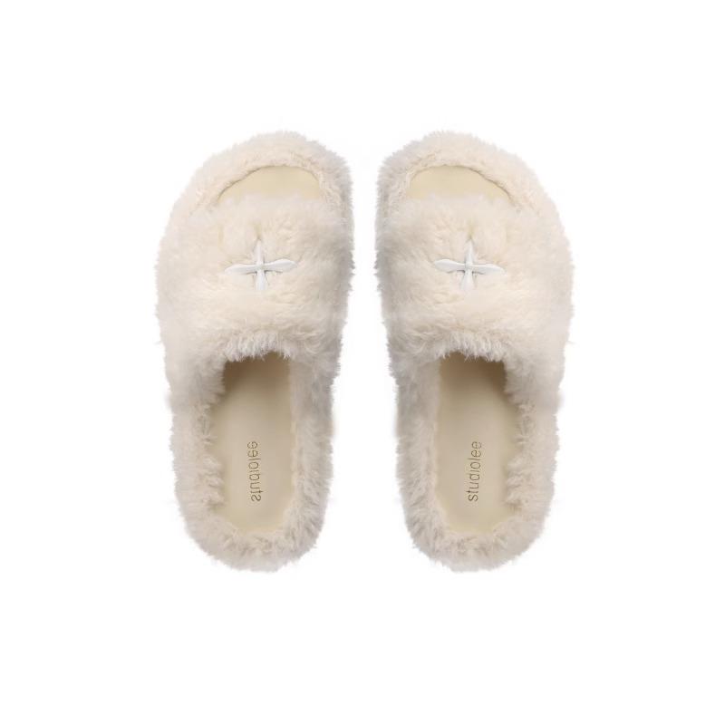 Grape mother studiolae velvet thick bottom flat bottom one word fairy fluffy slippers outer wear female spring and autumn new models