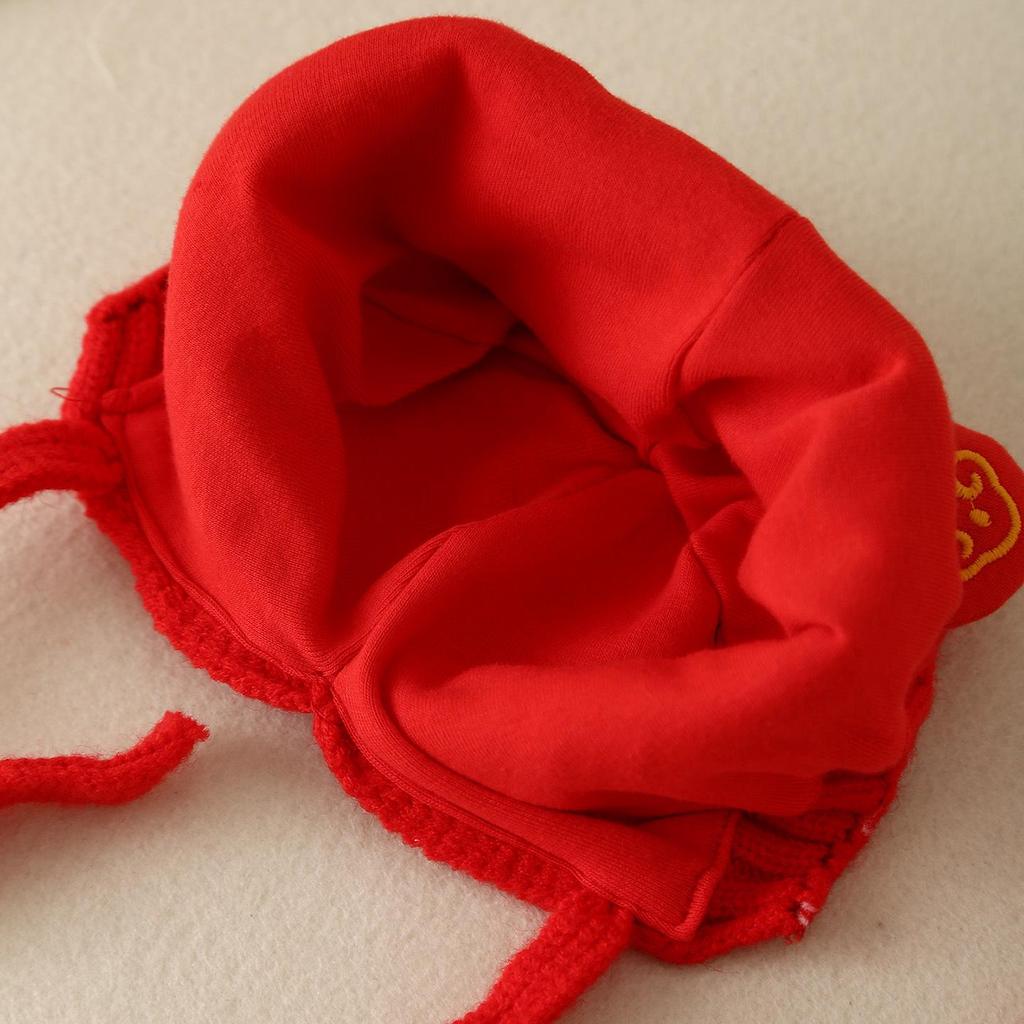Unisex Baby Red Knitted Wool Hat with Ear Protection - Festive National Tide Style, Warm for Winter & New Year