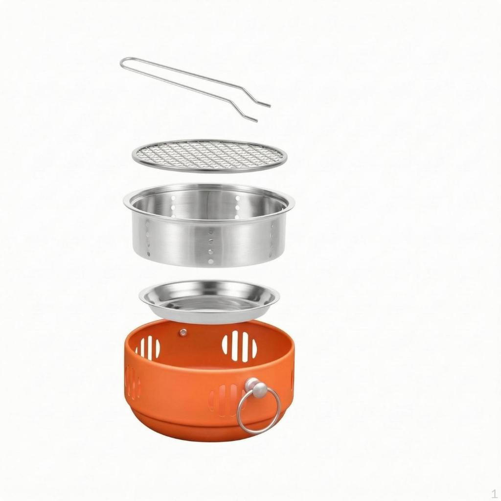 Small Round Briquette Grill Ash Pan Stainless Steel Handle Outdoor Cooker Natural
