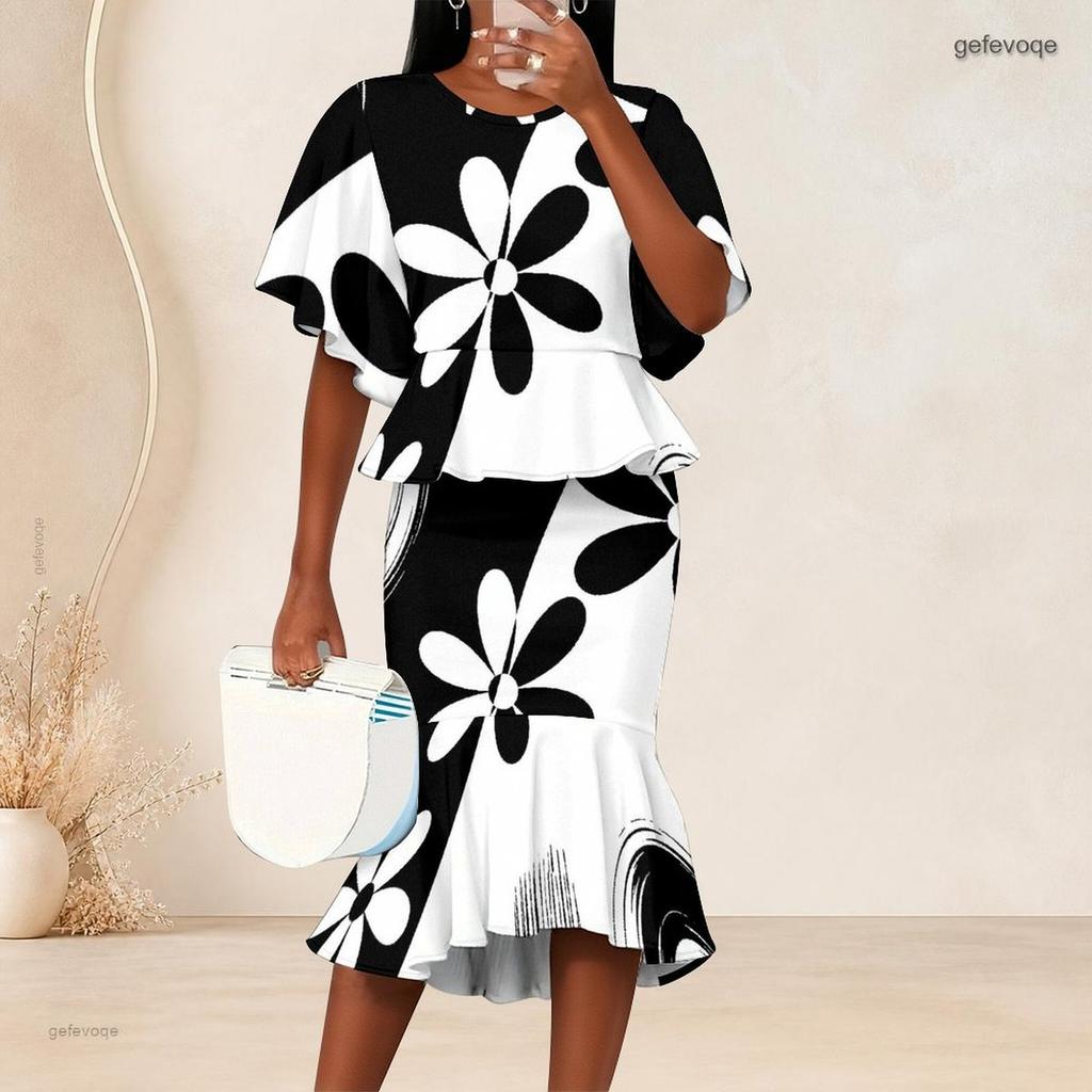 Women Plus Size Two Piece Set Round Neck Batwing Sleeve Black White Printed Ruffle Hem Top Fishtail Skirt