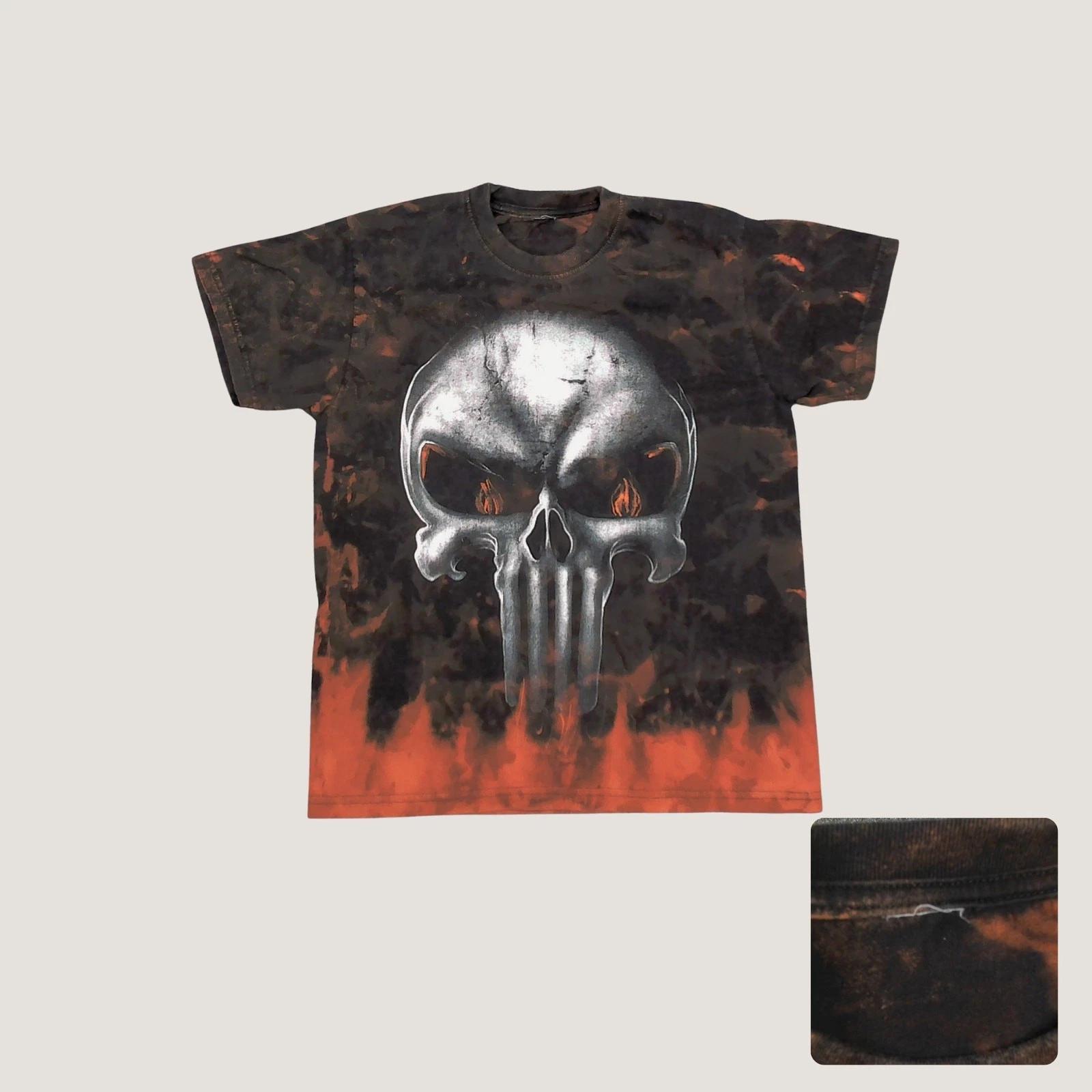 

Custom Bleach Tie Dye Punisher Skull T Shirt Y2K Grunge Large Black Orange M