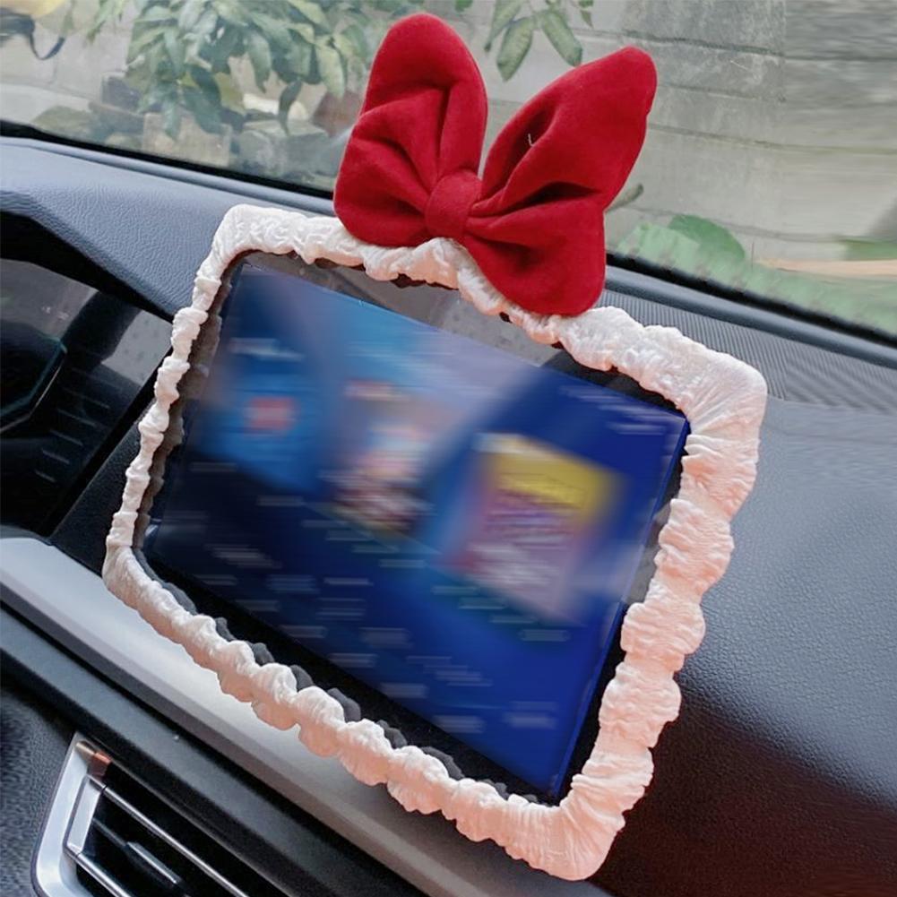Universal Retro Bow Car Screen Protector Cover Stretch Soft Plush Dashboard Border Touchscreen Protection Set Interior Decor