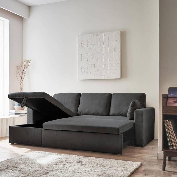 Dark Grey Corduroy Convertible Corner Sofa - IDA - 3 Seater. Reversible Corner Armchair Storage Chest Bed