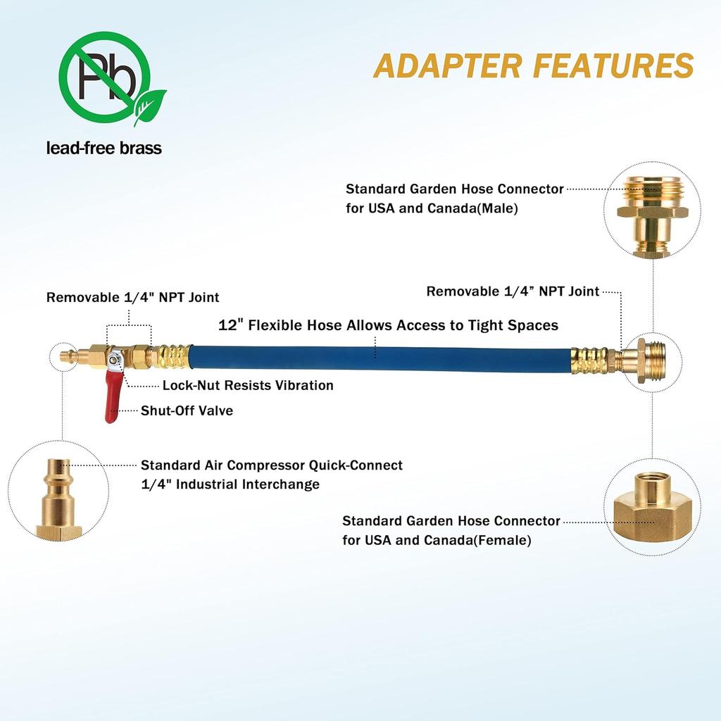Tool Daily Winterize Blowout Adapter With Shut Off Valve, RV Winterizing Kit 12" Air Compressor Quick Connect Blow Out Fitting Plug For Motorhome,