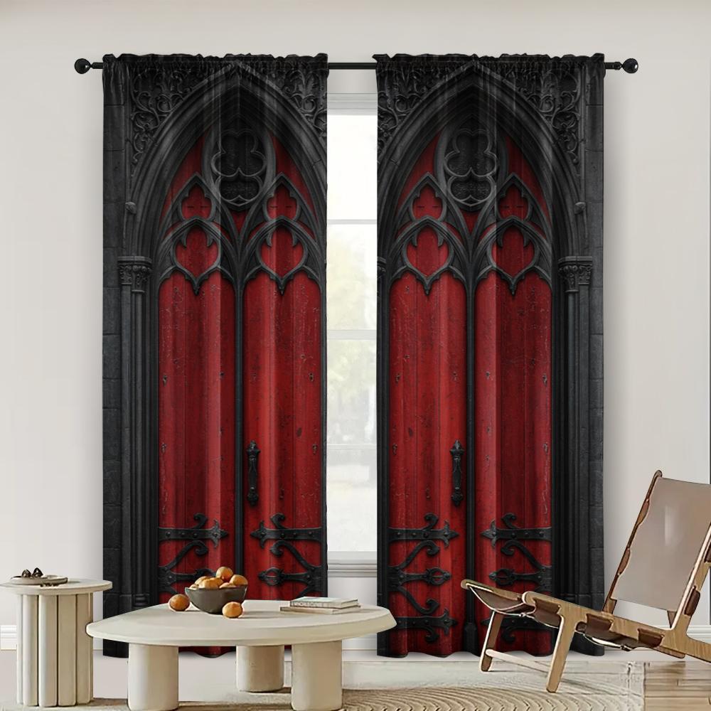 2pcs   spring summer Curtains Gothic Castle Sheer Curtains Polyester Easy Install Decorations Outdoor for Kitchen Living Room