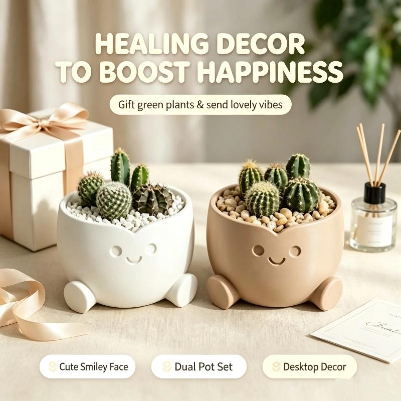 3D Printed Lovely Smiling Figure Planter Pot Mini Small Indoor Flower Pot for Bedroom Desktop Decor Tiny Plant Container Gift