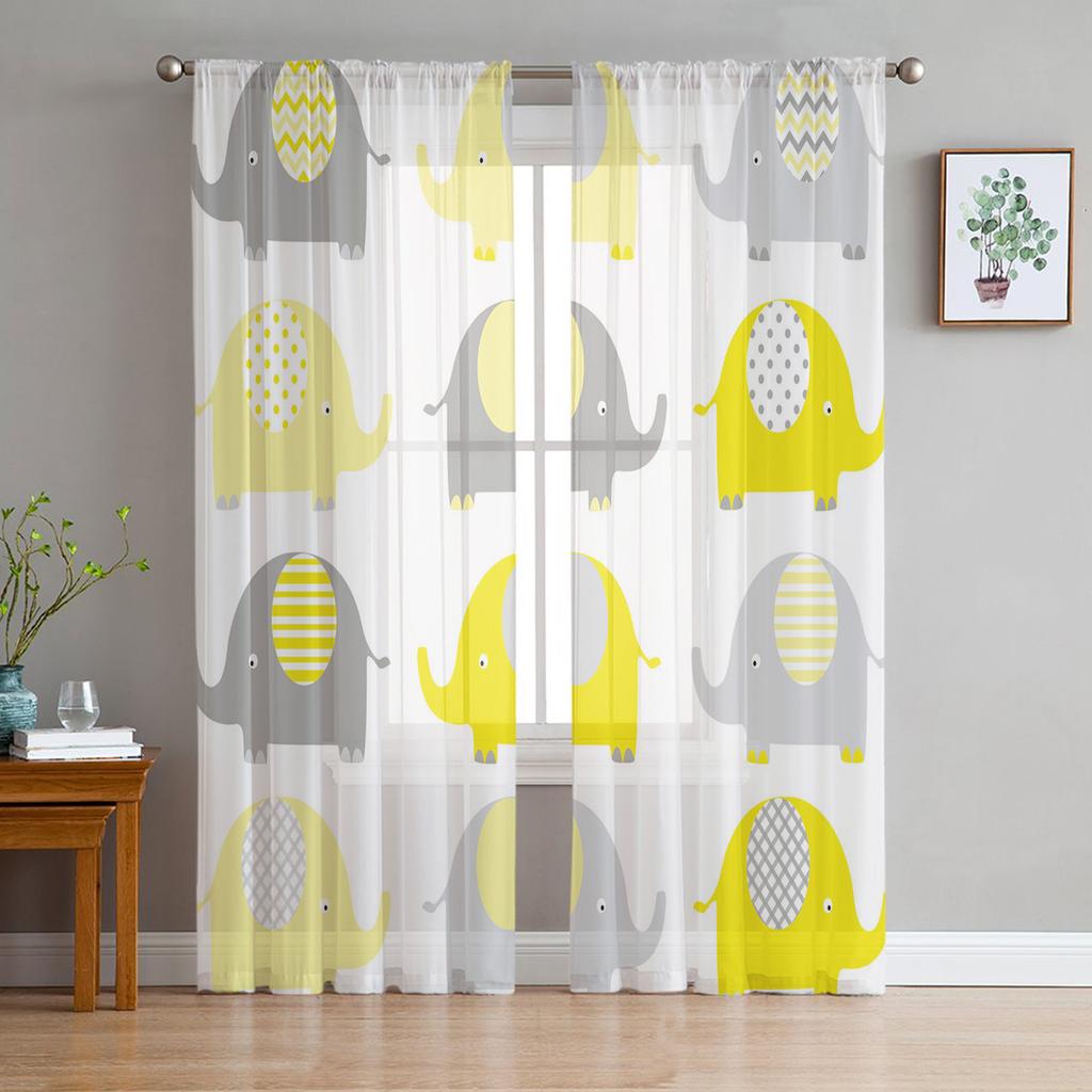 Elephant Big Stupid Bird Heart Gray Blue Sheer Curtains for Living Room Bedroom Decoration Window Voiles Morning Tulle Curtain