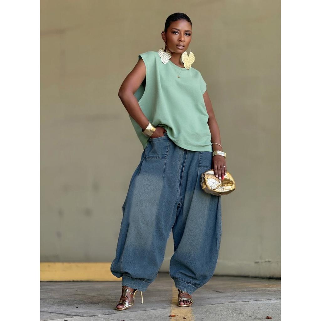 Women's Mid Rise Elastic Waist Loose Harem Balloon Denim Jogger Pants Vintage Washed Long Jeans