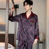 Pajamas Men's Spring and Autumn Simulation Silk Long Sleeve Summer Ice Silk Cardigan Men's Simple Casual Lapel Homewear Set