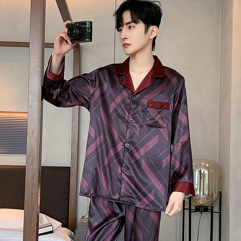 Pajamas Men's Spring and Autumn Simulation Silk Long Sleeve Summer Ice Silk Cardigan Men's Simple Casual Lapel Homewear Set