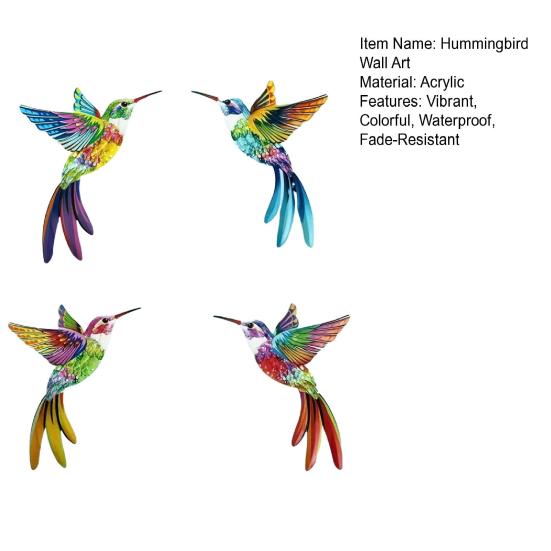 4 Pcs Acrylic Hummingbird Wall Art 2D Colorful Garden Birds Sculpture Outdoor Fence Hanging Ornaments for Garden Yard Living Room Kids Room Patio