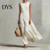Simple Dress Women's Sleeveless Cotton Linen Dress, Casual Irregular Hem Crew Women Neck Long Summer Loose Beach Vacation Sundress Fit