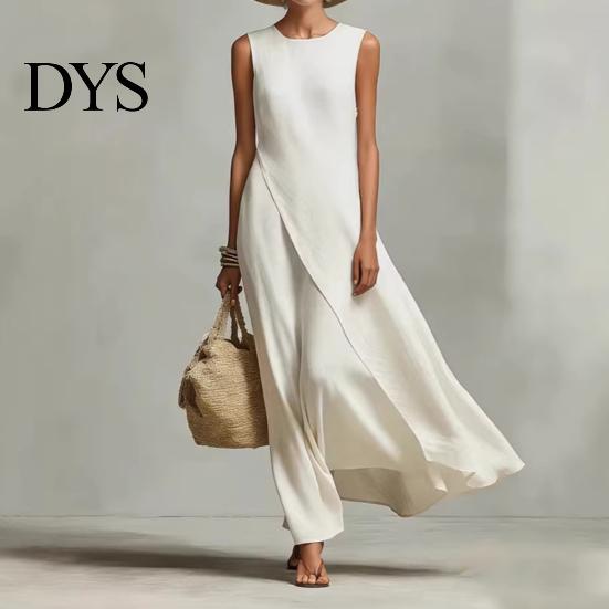 Simple Dress Women's Sleeveless Cotton Linen Dress, Casual Irregular Hem Crew Women Neck Long Summer Loose Beach Vacation Sundress Fit
