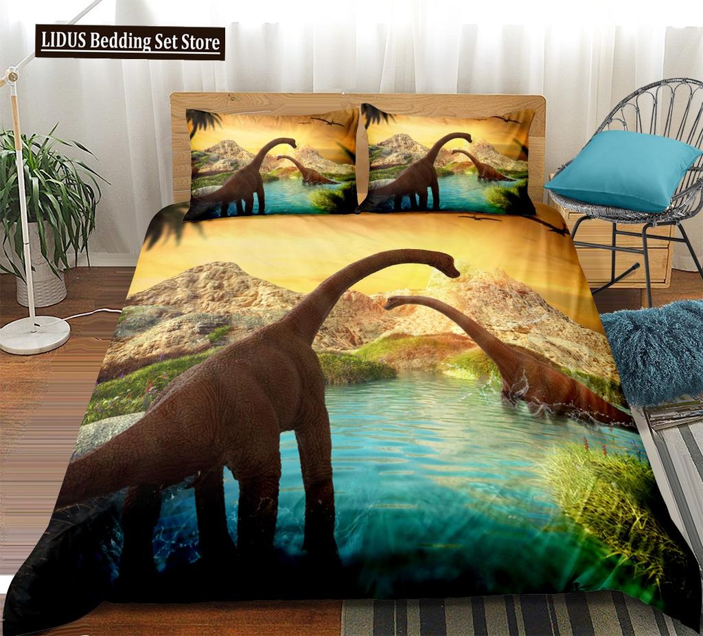 Dinosaur Duvet Cover Set King Queen Full Twin Size Wild Animals Comforter Cover With Zipper For Boys Girl Polyester Bedding Set
